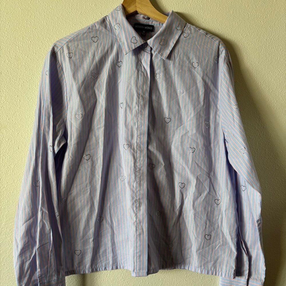 Modern Works Y2K lavender peach pinstripe heart rhinestone button down medium
